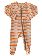 Infant footed pajamas with orange pumpkin pattern and brown zipper, suitable for fall and Halloween.