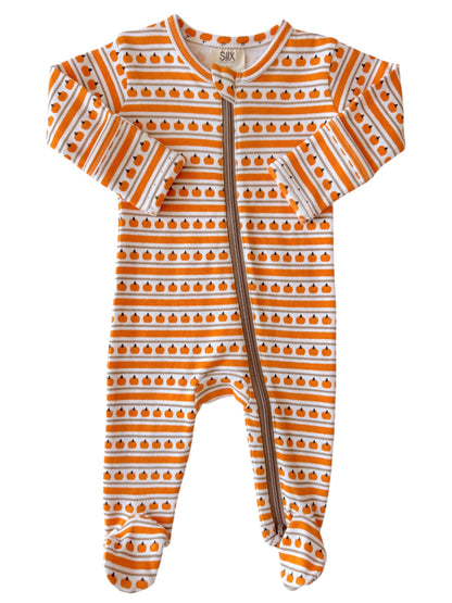 Infant footed pajamas with orange pumpkin pattern and brown zipper, suitable for fall and Halloween.
