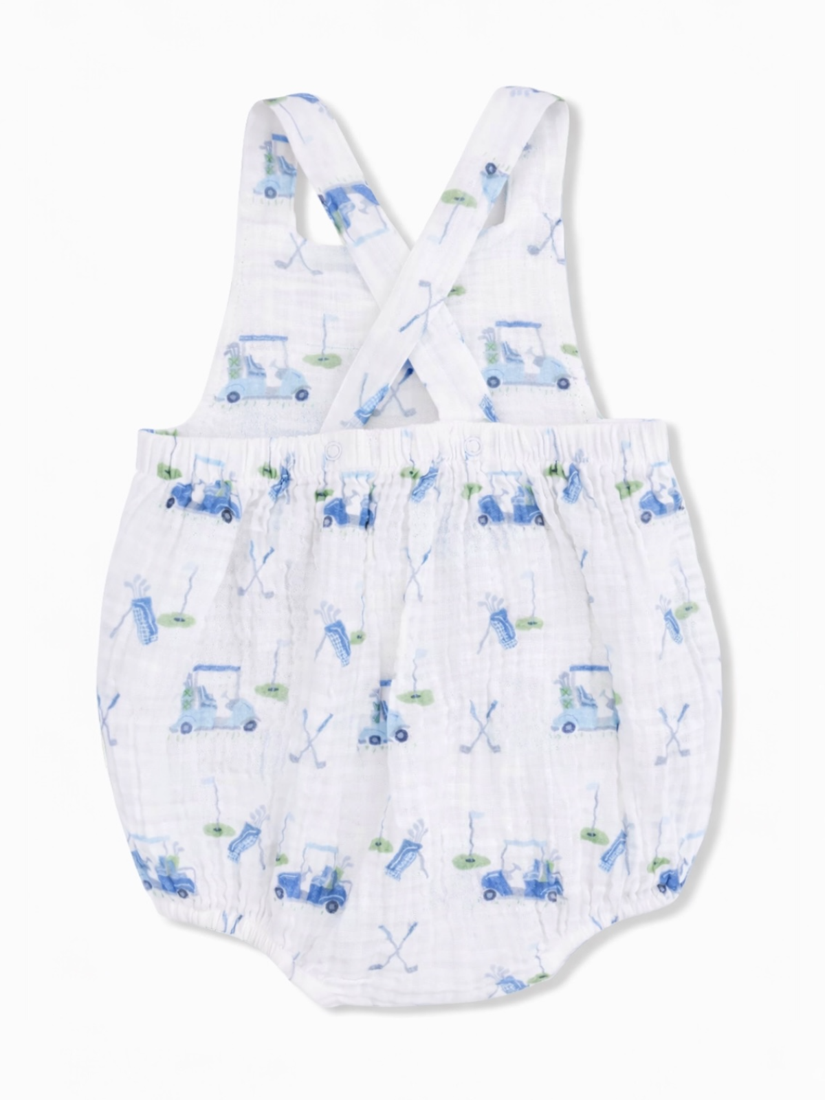 Children's romper with a blue golf cart pattern on a white background, featuring crossed straps and gathered waist.