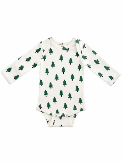 Long-sleeve baby onesie with a green tree pattern on a white background. Perfect for cozy, stylish wear.