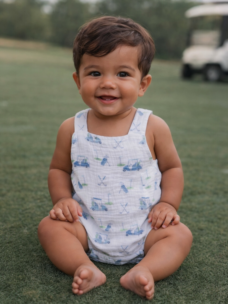 Smiling toddler in a playful outfit, sitting on grass with a golf cart seen in the background.