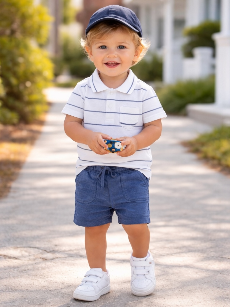 Smiling toddler in a cap, holding a toy, walking on a sunny path surrounded by greenery.
