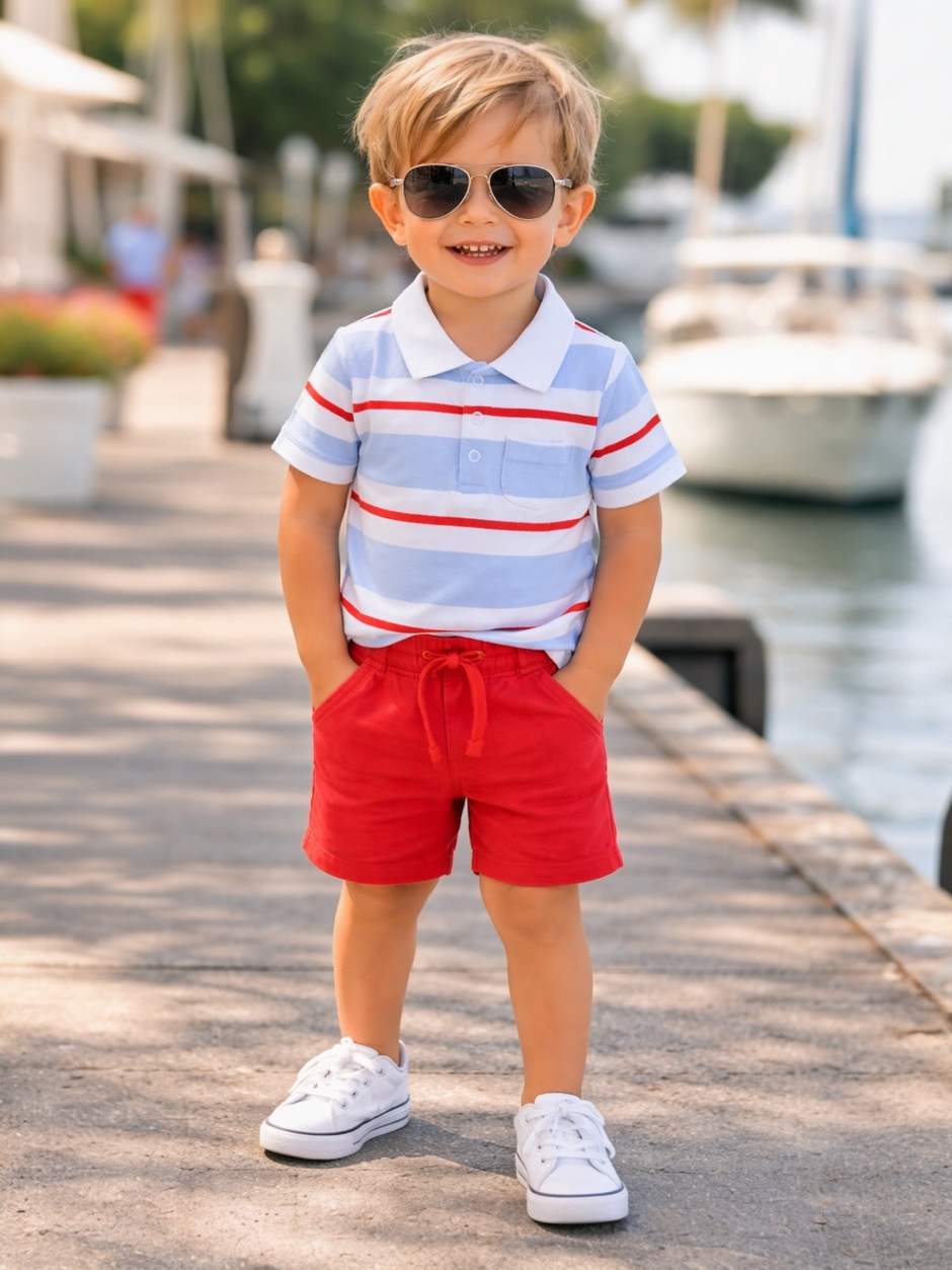 Smiling child in sunglasses, wearing a striped shirt and red shorts, standing by a marina on a sunny day.