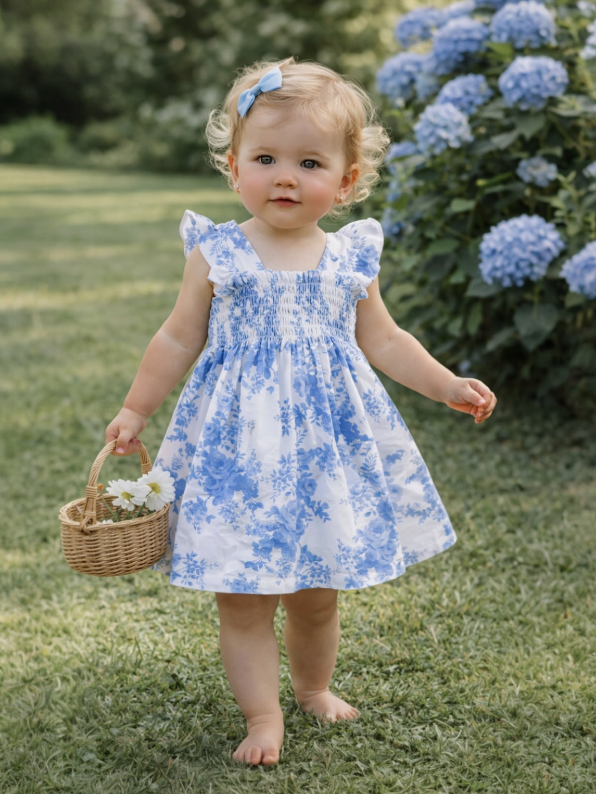Toddler in a blue floral dress holds a basket, standing on green grass with blooming hydrangeas in the background.