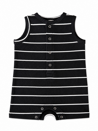 Black and white striped sleeveless onesie with buttons and snap closure at the bottom.