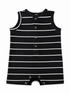 Black and white striped sleeveless onesie with buttons and snap closure at the bottom.