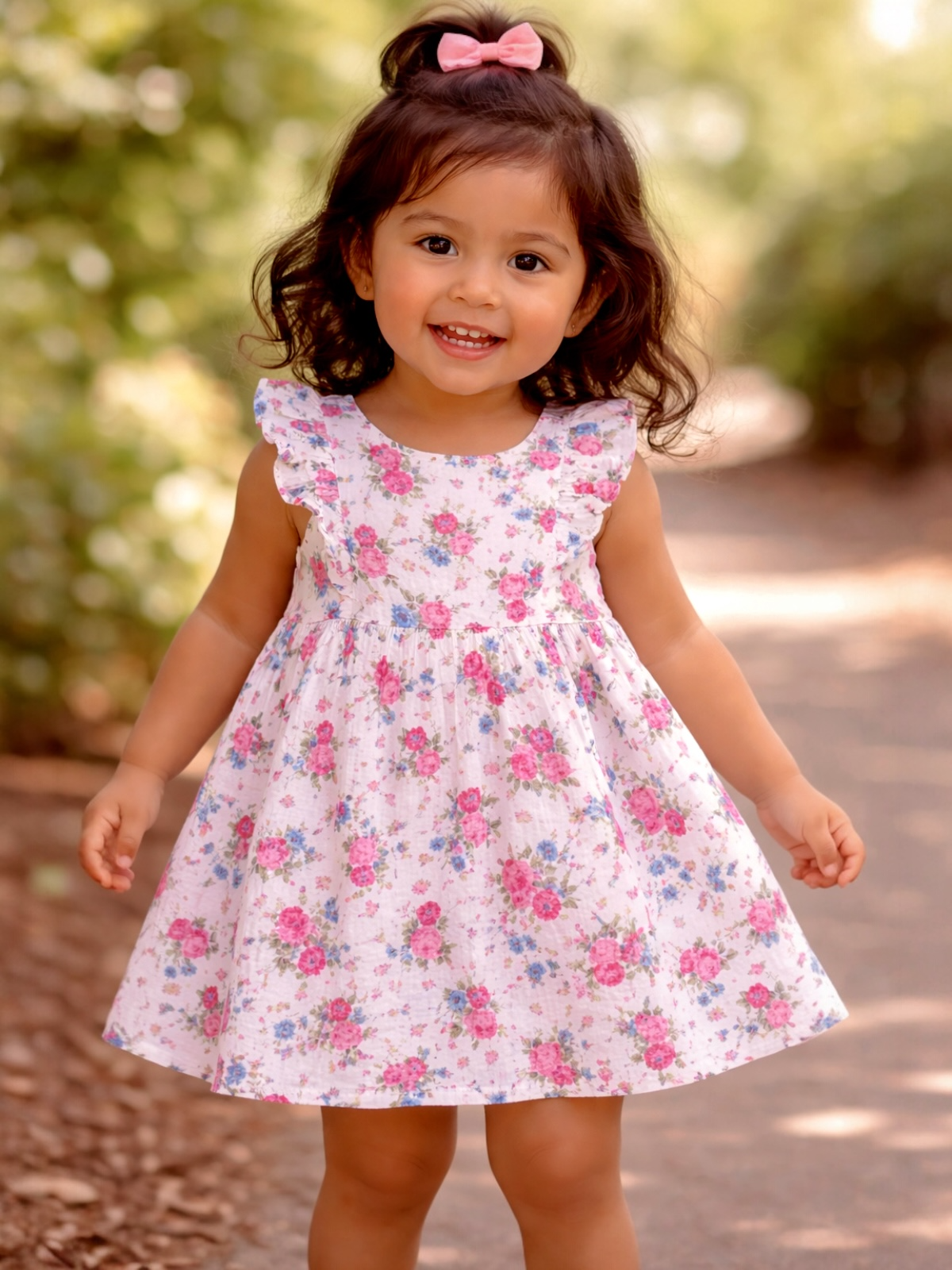 Smiling toddler in a floral dress walks on a path, surrounded by green foliage. 