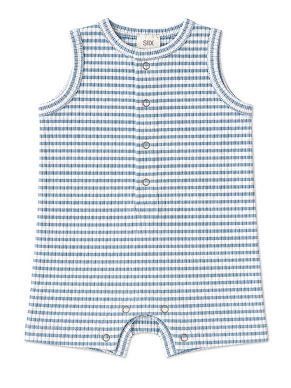 Light blue and white striped baby romper with snap buttons and sleeveless design.