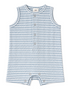 Light blue and white striped baby romper with snap buttons and sleeveless design.