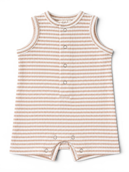 Lightly striped sleeveless romper in beige and cream, featuring snap closures at the bottom.