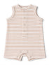 Lightly striped sleeveless romper in beige and cream, featuring snap closures at the bottom.