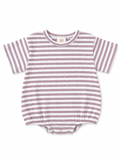 Purple and white striped baby onesie with short sleeves and snap closures at the bottom.