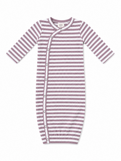 Striped lavender and white baby sleep sack with long sleeves and snap buttons.