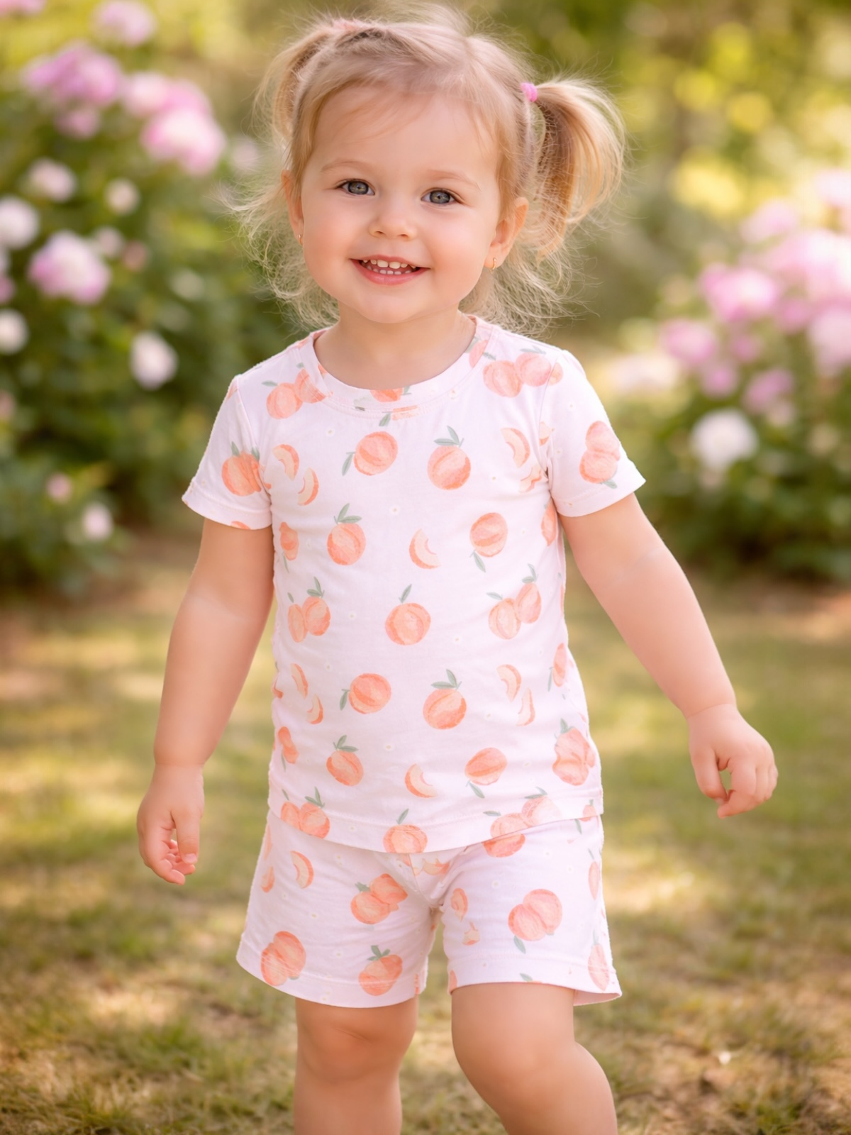 Smiling toddler in peach-patterned outfit, walking happily in garden with blooming flowers in the background.