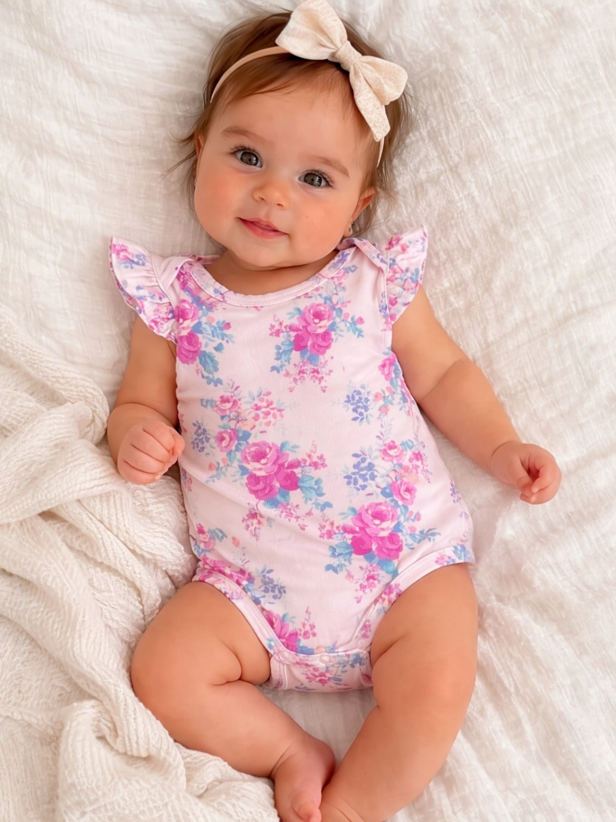 Smiling baby girl in floral onesie and bow headband, sitting on a soft blanket.
