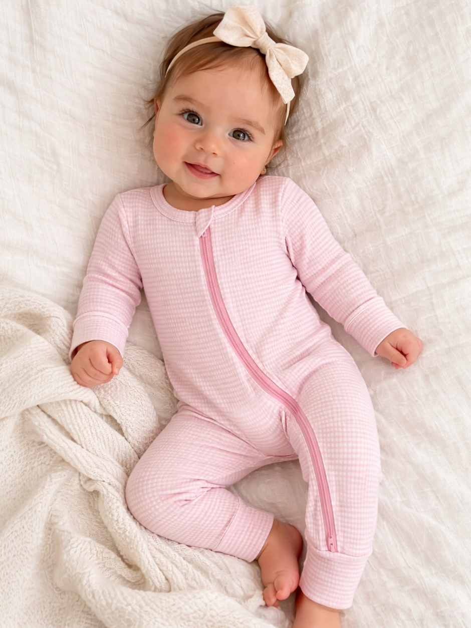 Happy baby in a pink zip-up onesie, with a cream bow headband, lying on a soft white blanket.