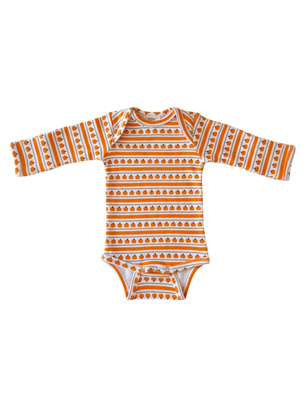 Orange and white long-sleeve onesie with pumpkin pattern and snap closures at the bottom.