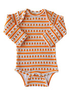Orange and white striped baby onesie with small pumpkin print, long sleeves, and snap closure at the bottom.