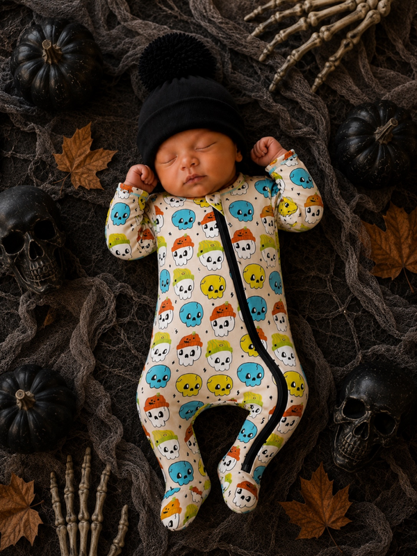 Newborn sleeping in a colorful skull-patterned onesie surrounded by pumpkins, skeletons, and autumn leaves.