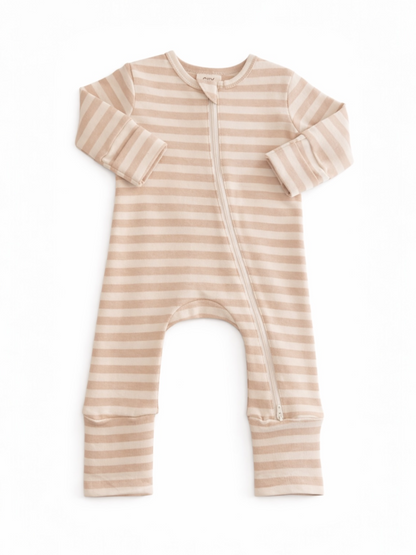 Light beige striped baby onesie with long sleeves and zippered front closure. Perfect for comfort and warmth.