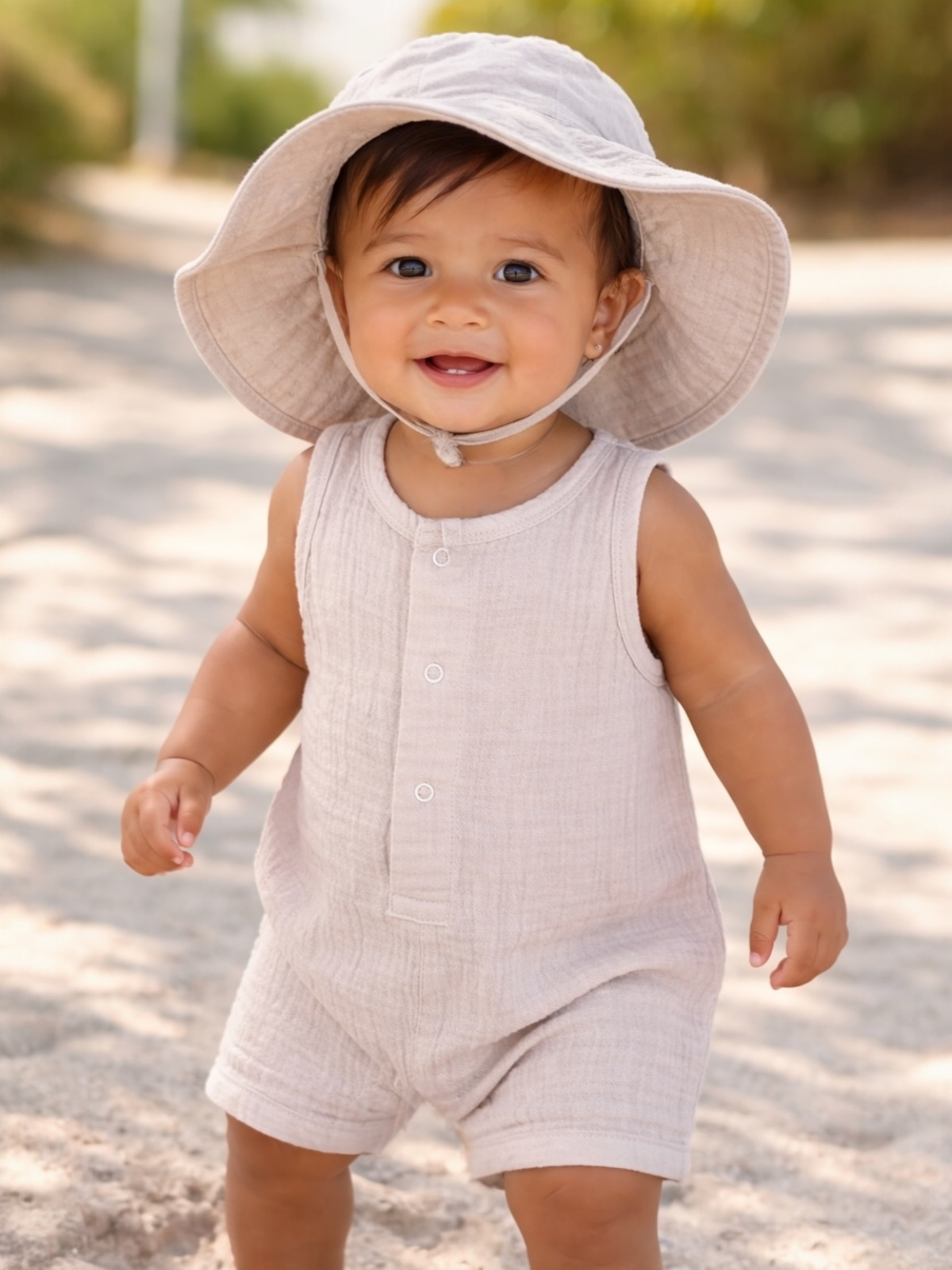 Smiling toddler in beige outfit and sun hat, standing on a sunlit path with soft focus greenery in the background.