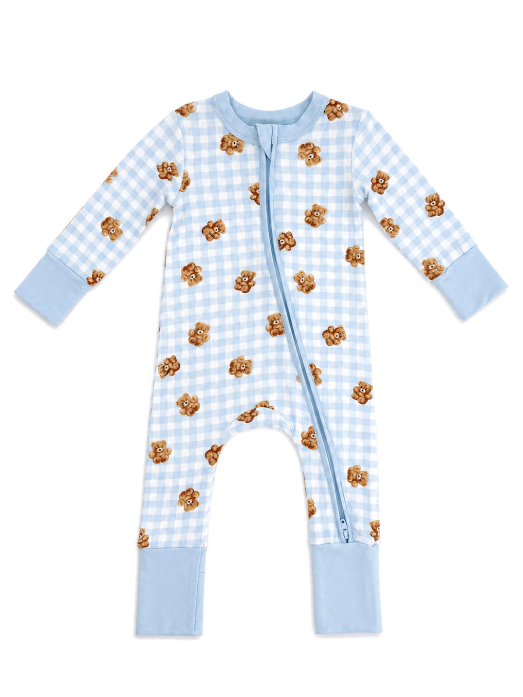 Light blue checkered baby onesie with teddy bear prints and a front zipper. Ideal for comfort and style.