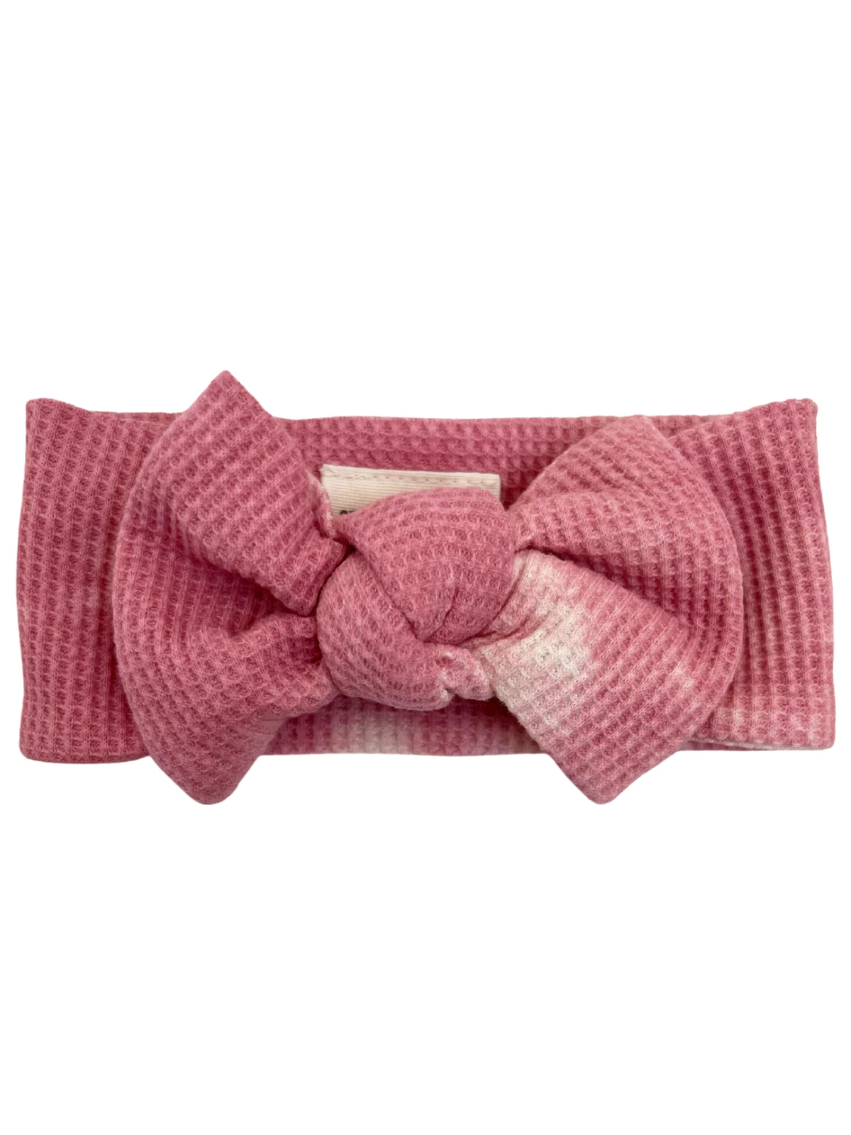 Pink textured headband with a large bow feature in the center. Ideal for keeping hair in place.