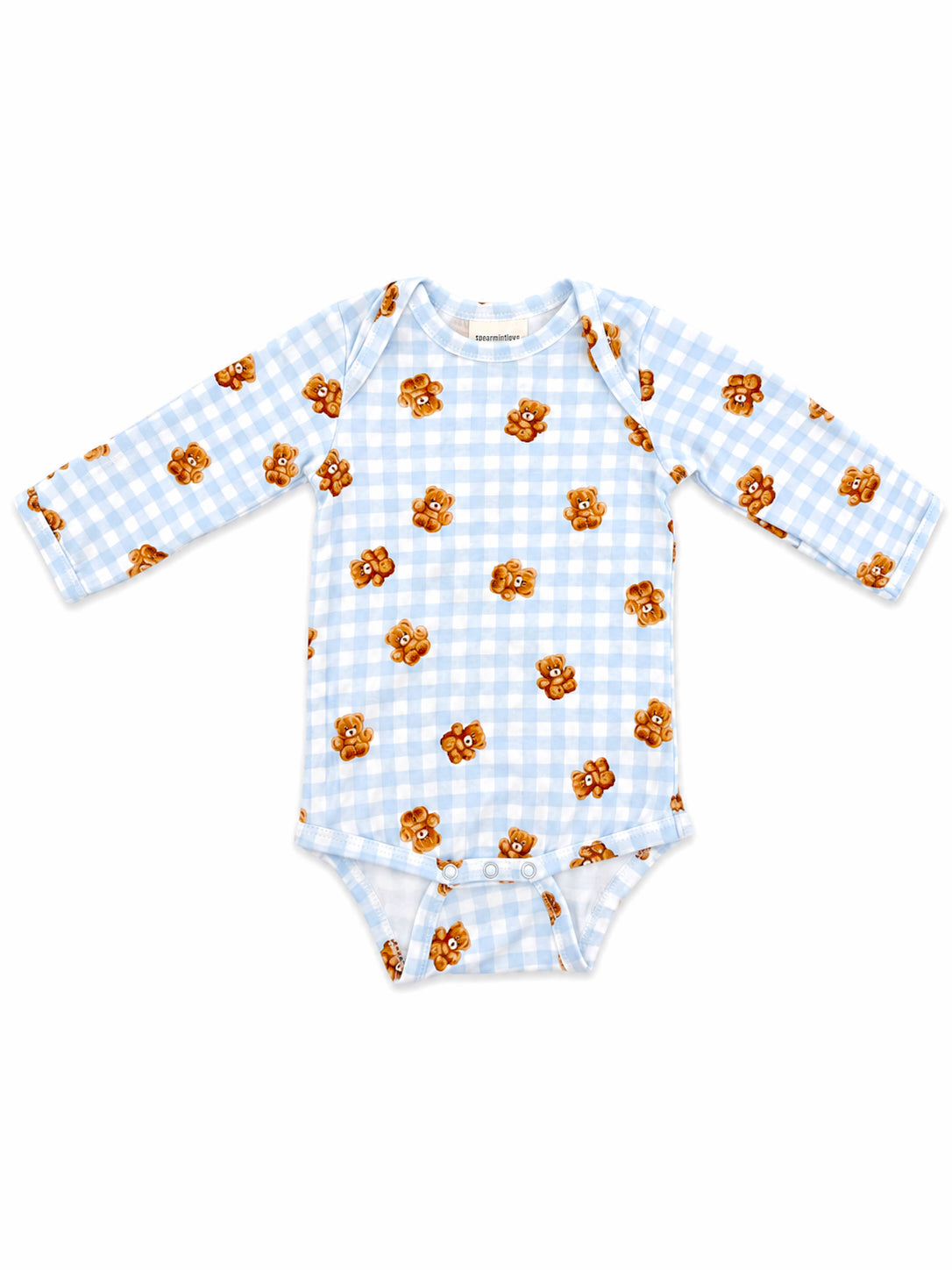 Light blue long-sleeve baby onesie with a bear print and checkered pattern.