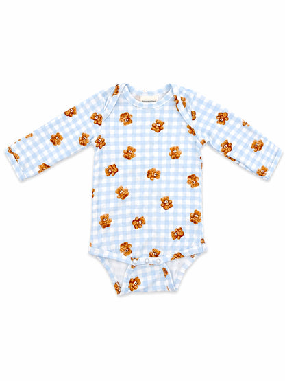 Light blue long-sleeve baby onesie with a bear print and checkered pattern.