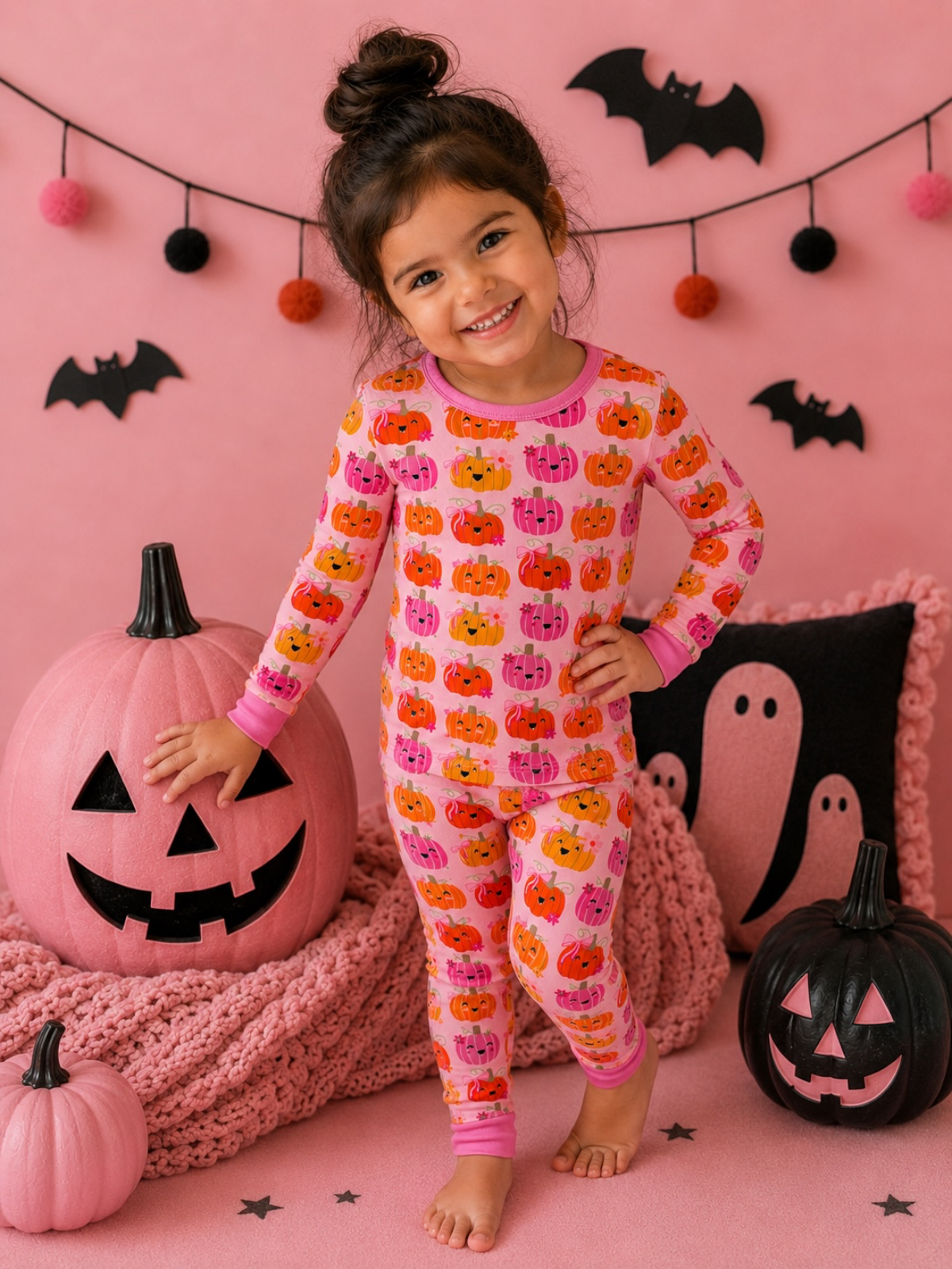 Smiling child in pumpkin pajamas poses beside Halloween decorations against a pink backdrop.