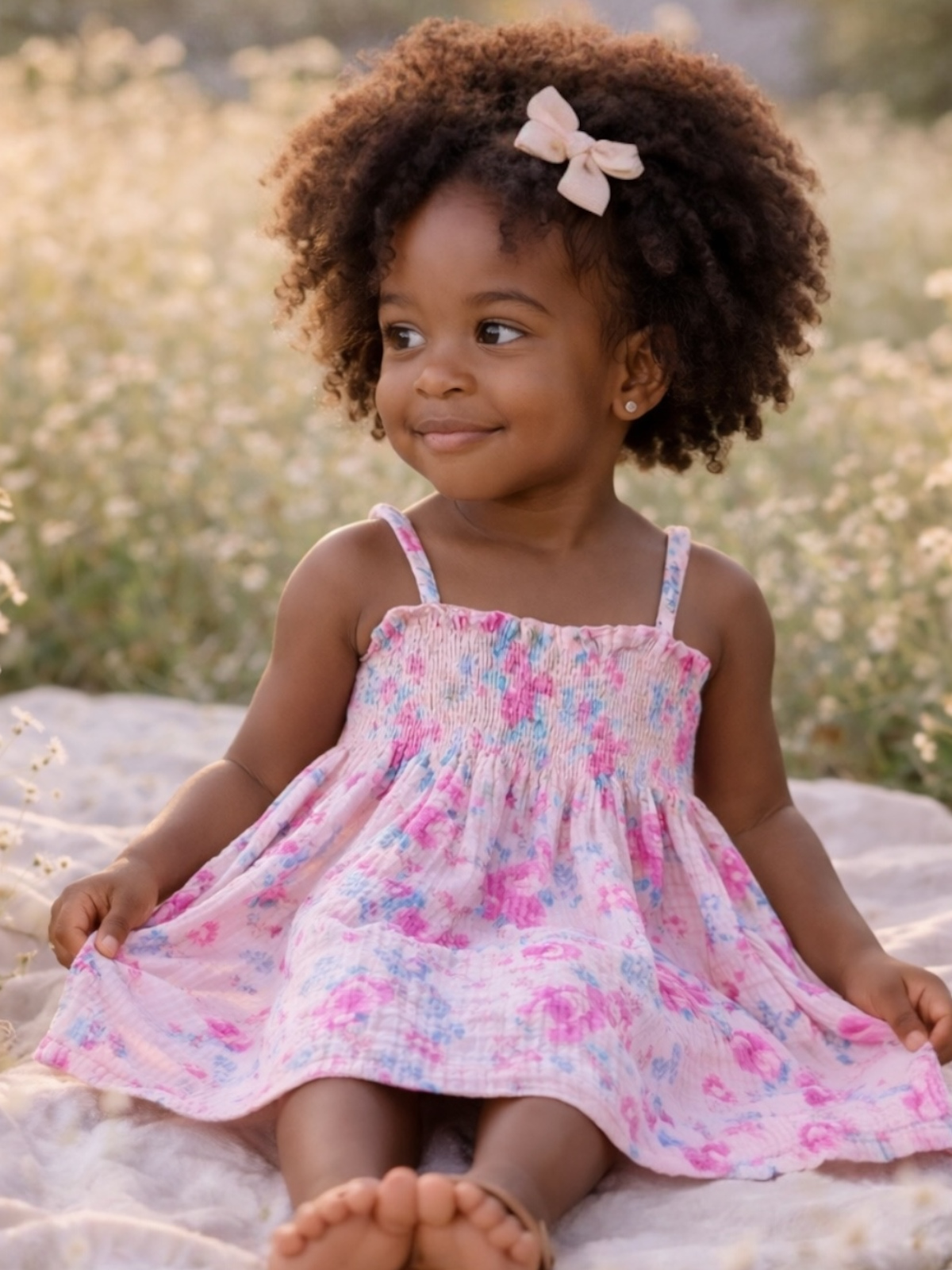 Smiling girl in a floral dress sits on a blanket, surrounded by delicate flowers in soft sunlight.