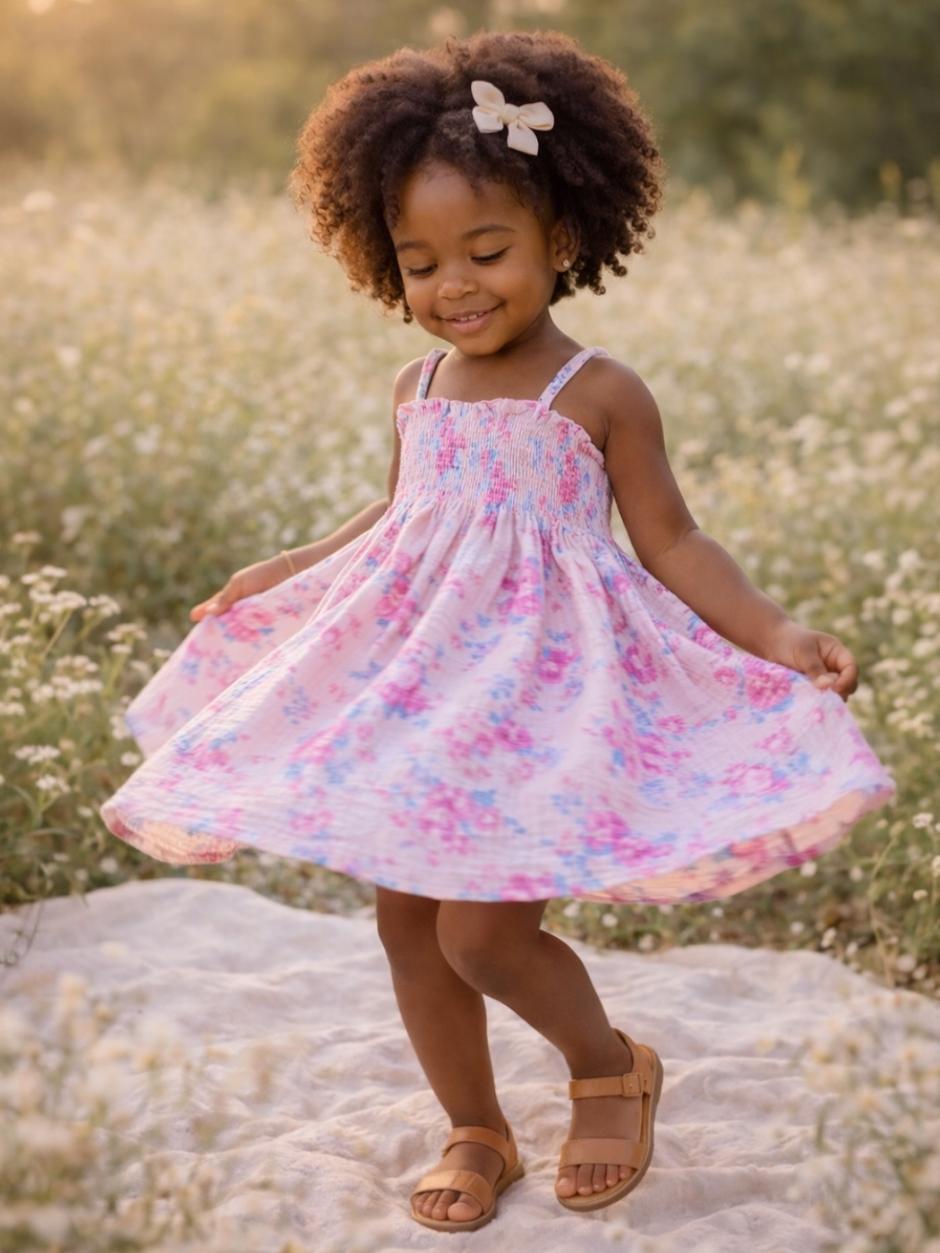 Girl in a floral dress dancing in a field during sunset, smiling joyfully amidst wildflowers.