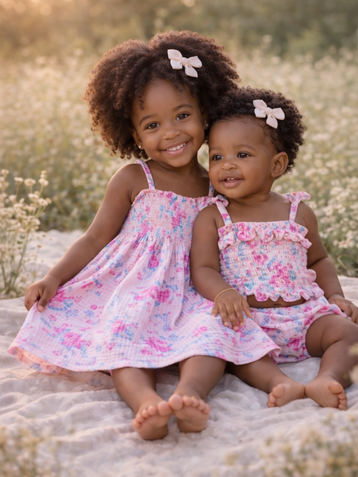Two smiling young girls in matching pink outfits sit on soft grass surrounded by wildflowers.
