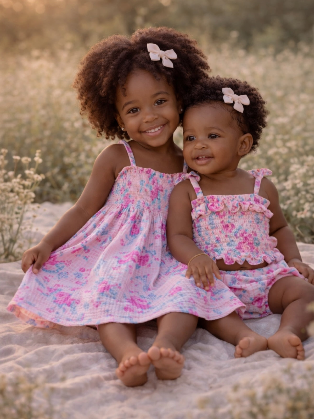 Two smiling girls with curly hair in pink floral outfits sit on a sandy surface surrounded by flowers.