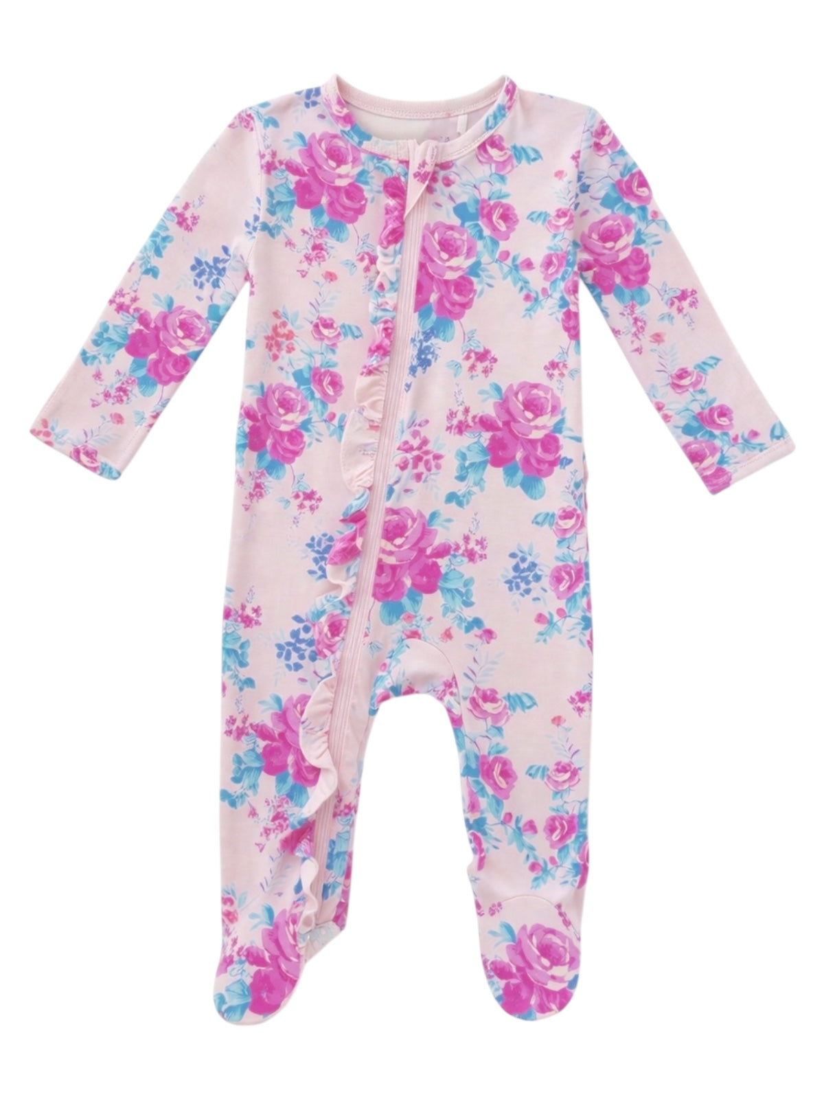 Light pink floral baby onesie with long sleeves and front zipper, featuring ruffled details along the opening.