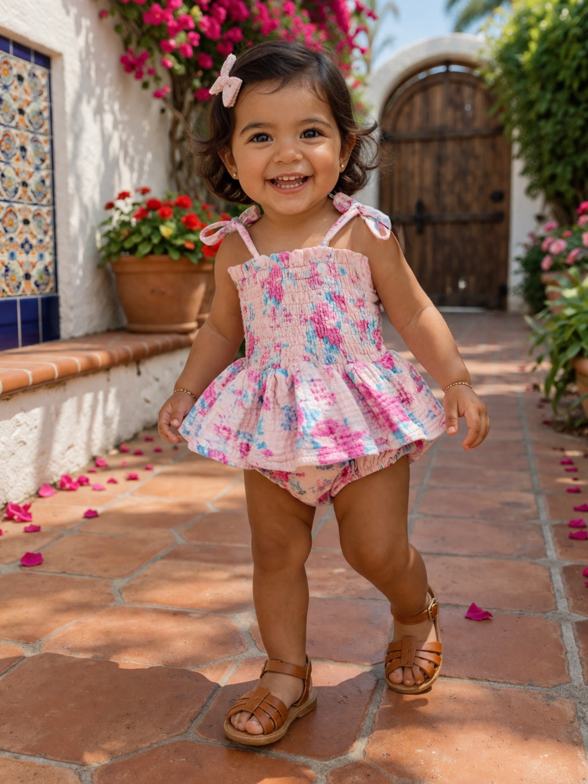 Smiling toddler in floral dress and sandals, walking on a sunny path with vibrant flowers and a wooden door behind.