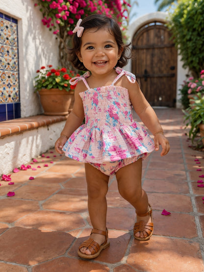Smiling toddler in floral dress and sandals, walking on a sunny path with vibrant flowers and a wooden door behind.