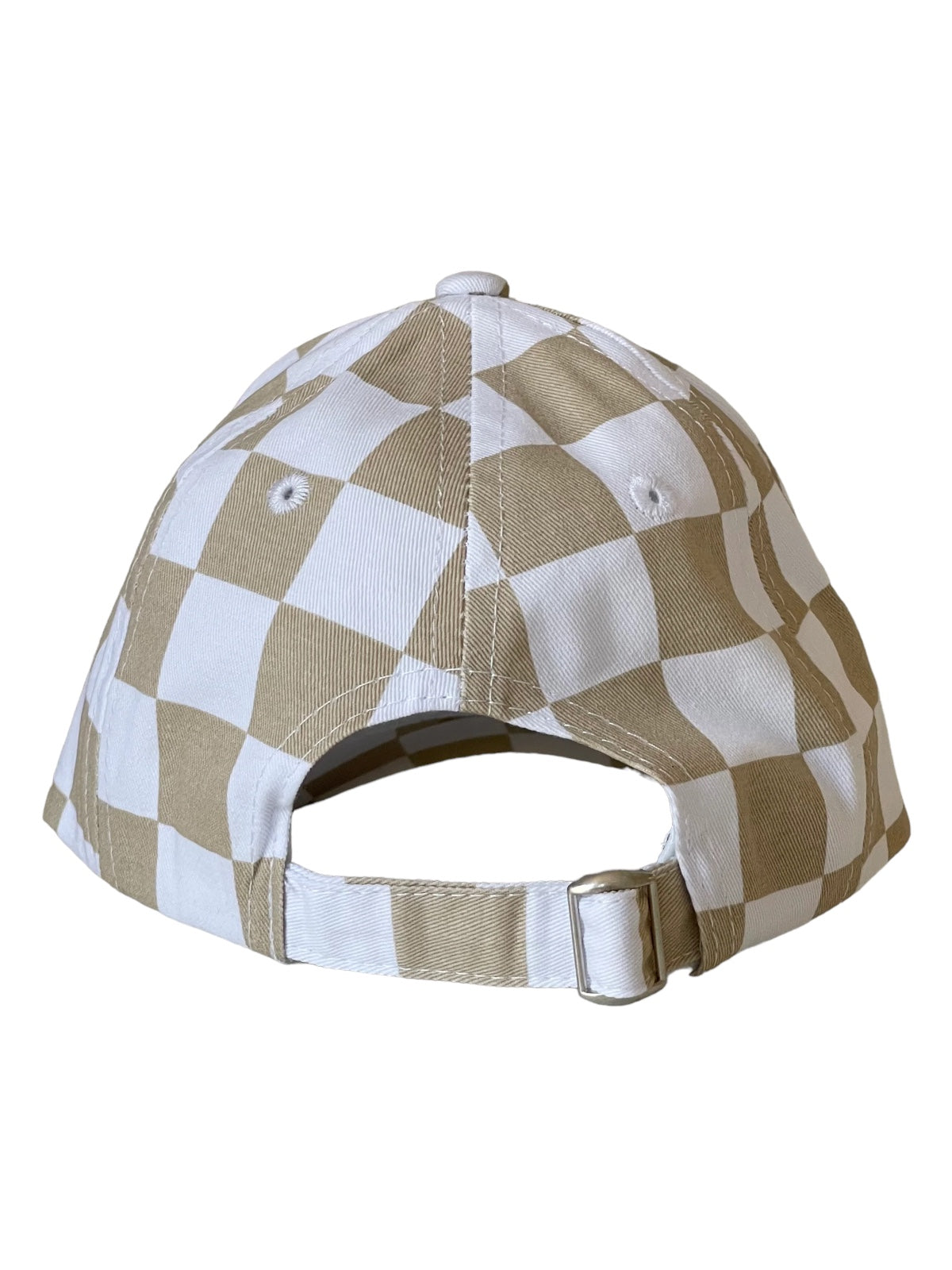 Back view of a beige and white checkered baseball cap with an adjustable strap.