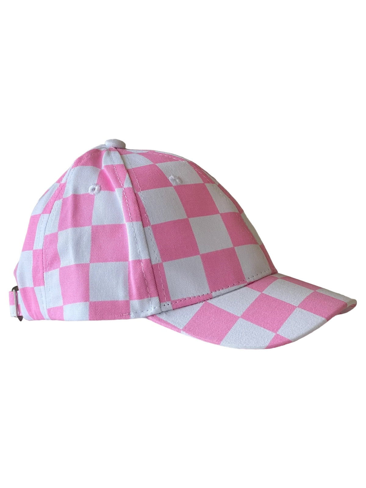 Pink and white checkered baseball cap shown at an angle.