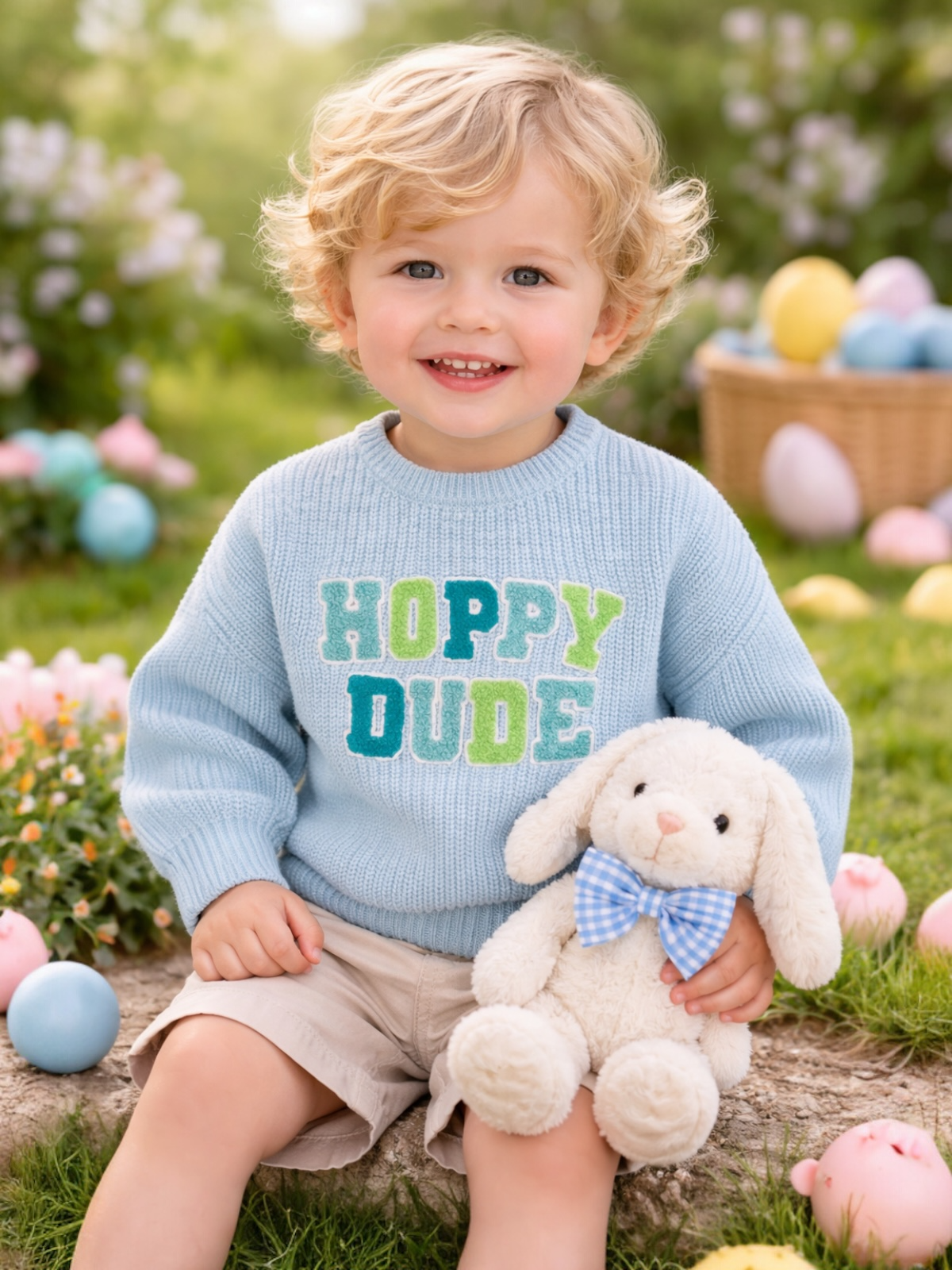 Smiling child wearing a light blue sweater, holding a stuffed bunny, surrounded by colorful Easter eggs in a grassy field.