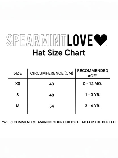 Hat size chart by Spearmint Love, showing sizes XS, S, M with circumference and recommended ages.