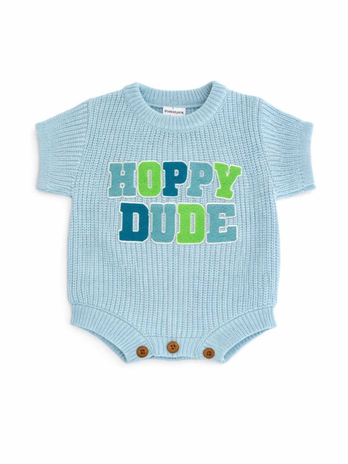 Light blue baby onesie with "Hoppy Dude" graphic in green and blue, featuring short sleeves and button closure.
