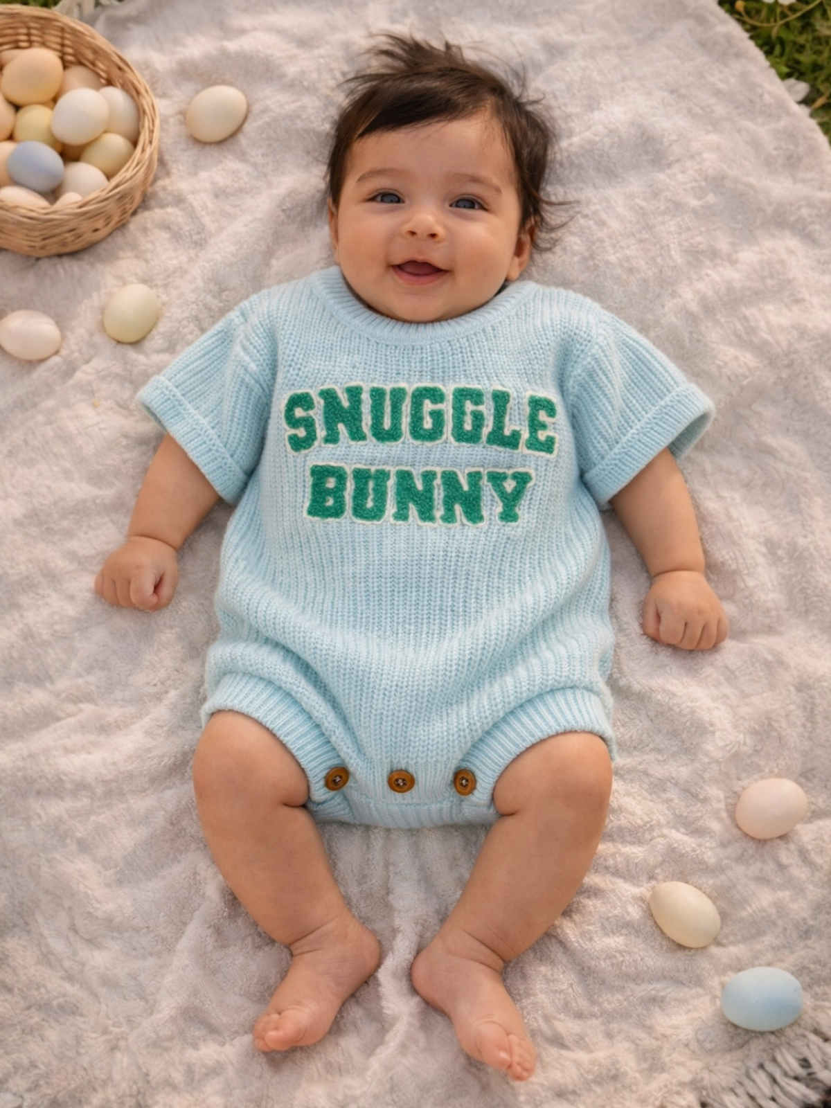 Smiling baby in a blue "Snuggle Bunny" outfit, surrounded by eggs on a soft blanket.