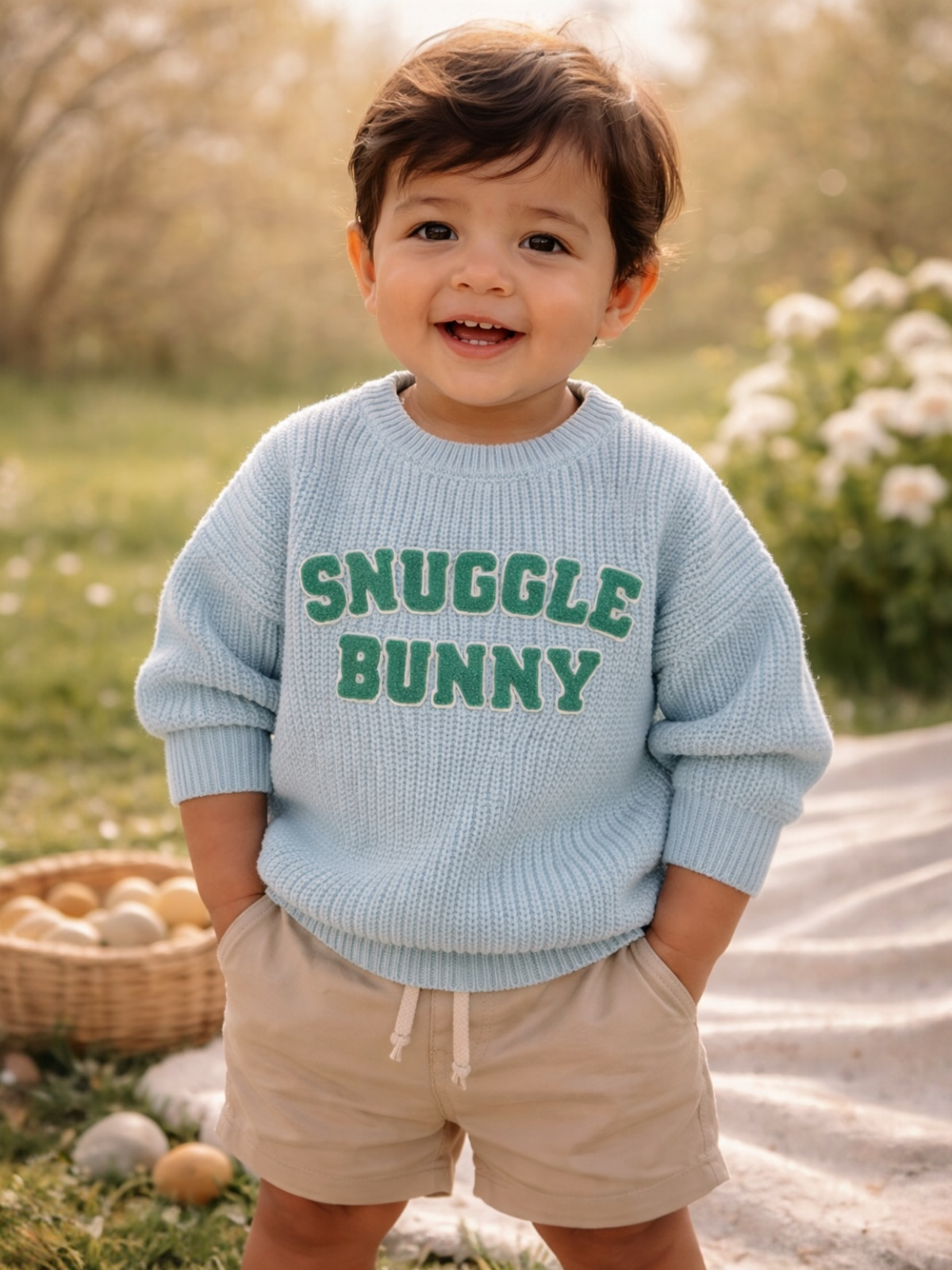 Smiling child in a light blue sweater with "Snuggle Bunny" text, outdoors with greenery and flowers in the background.