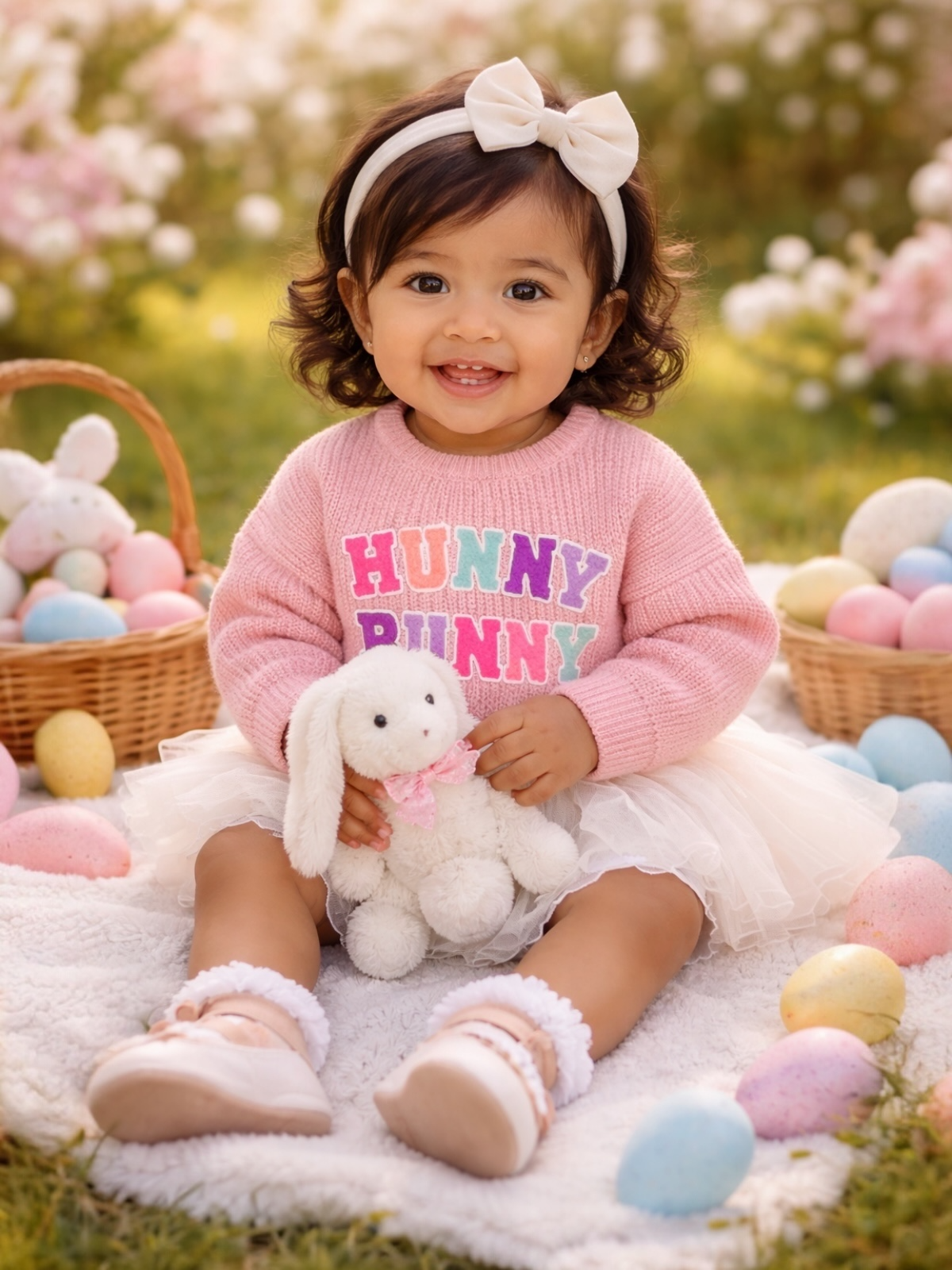 Smiling toddler in a pink sweater holding a bunny toy, surrounded by colorful Easter eggs in a sunny garden.