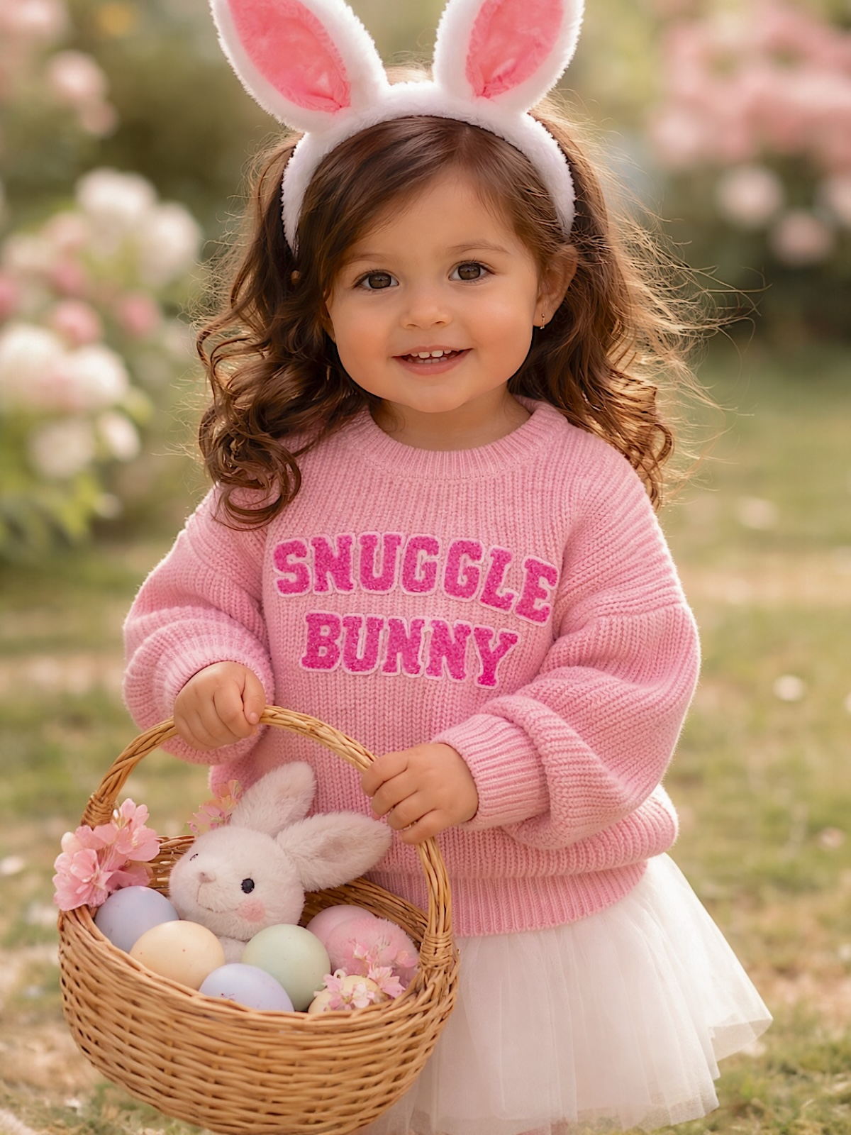 Smiling girl in a pink sweater and bunny ears holds a basket with pastel eggs and a bunny toy, surrounded by flowers.