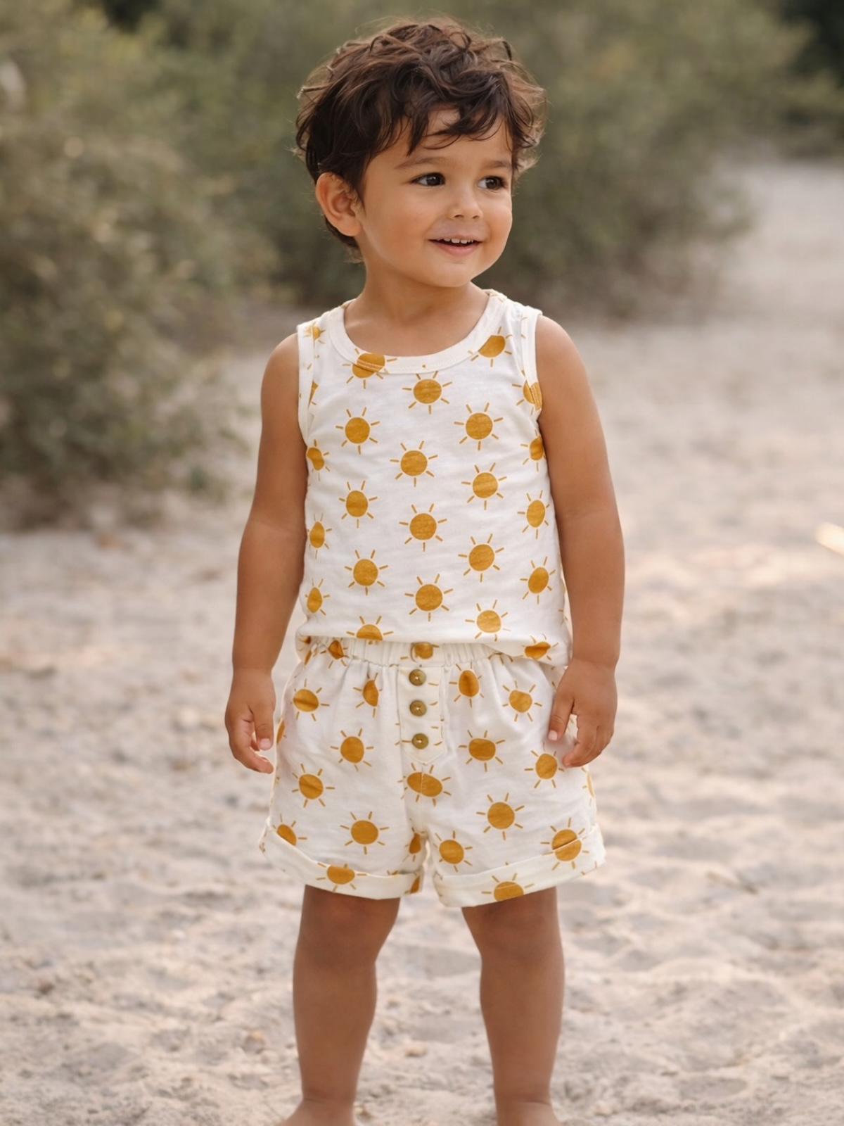 Smiling child in sunny-patterned outfit standing on sandy beach with greenery in the background.