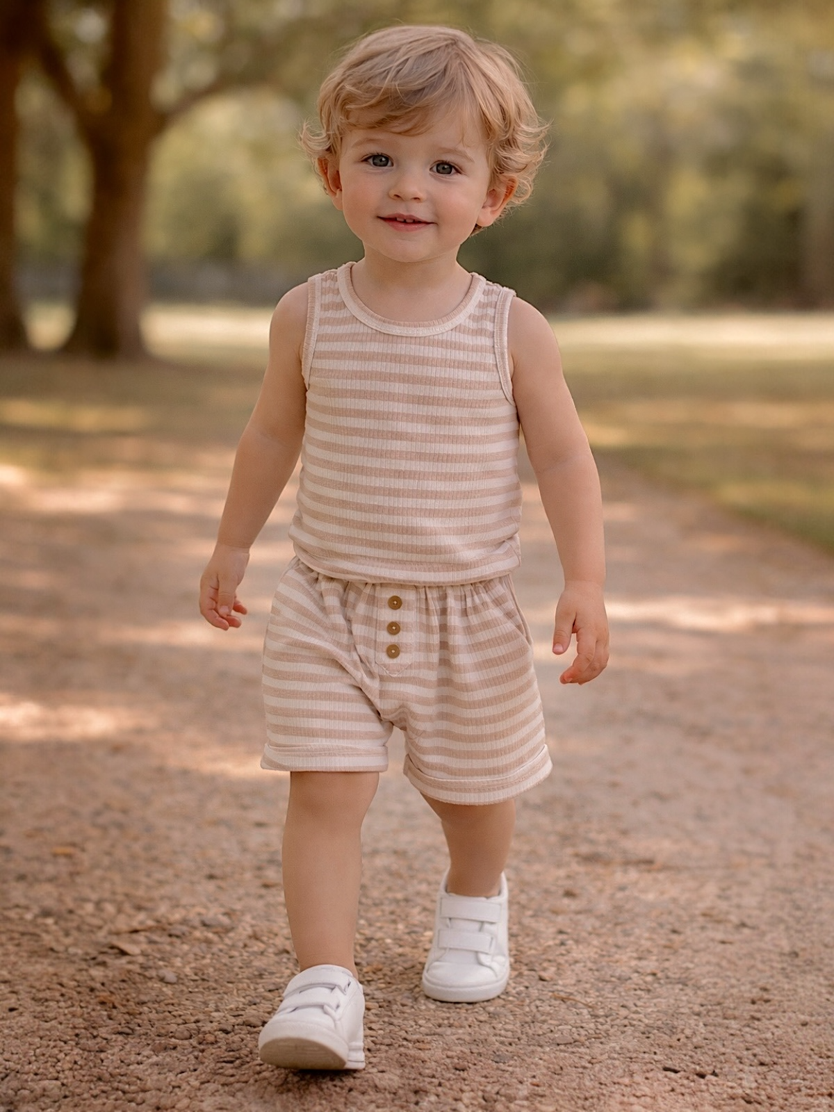 Child in a striped outfit walks on a dirt path surrounded by trees, smiling at the camera.