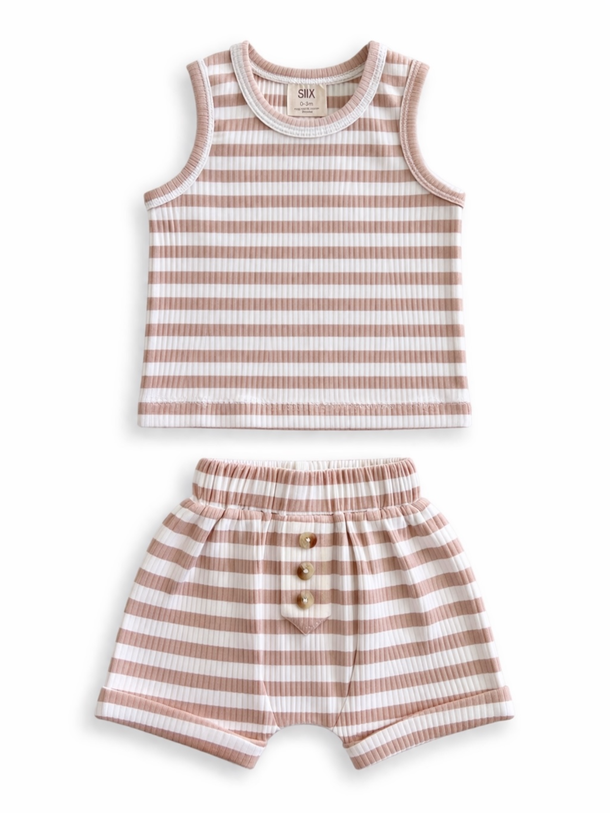Striped tank top and shorts set in soft pink tones, featuring buttons on the shorts for added style.