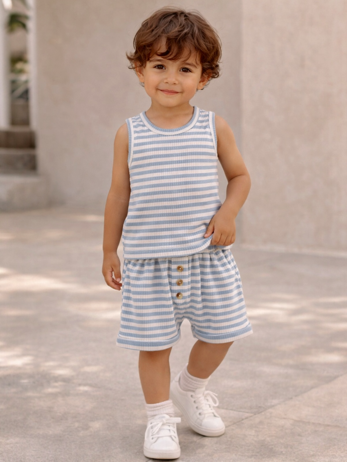 Smiling child in a blue and white striped outfit, standing on a sunny pathway.